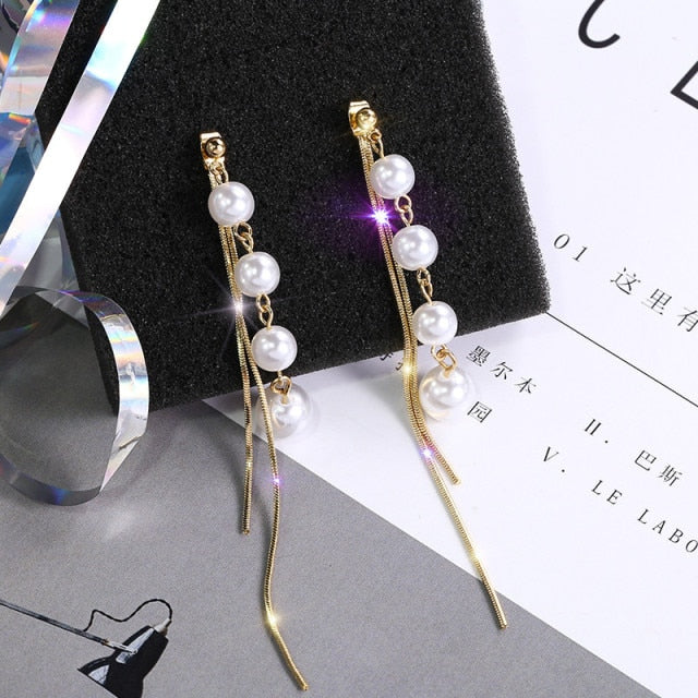 Crystal Pearl Tassel Earrings