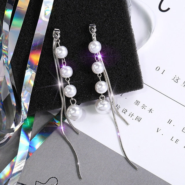 Crystal Pearl Tassel Earrings