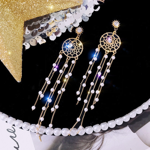 Crystal Pearl Tassel Earrings