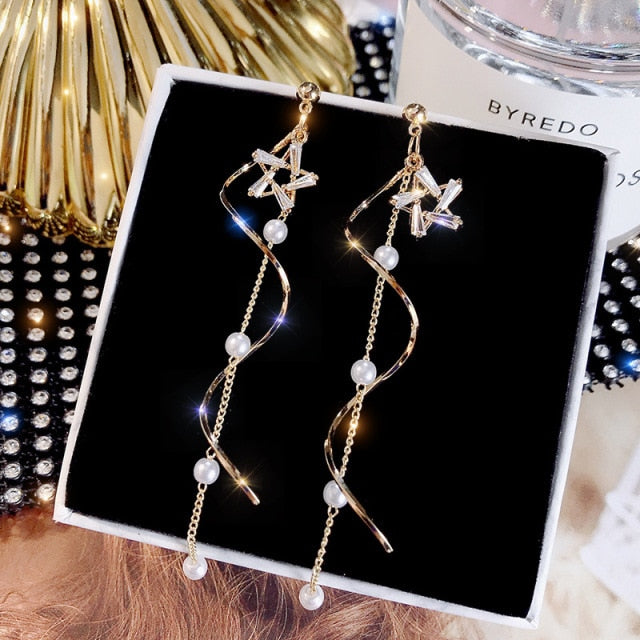 Crystal Pearl Tassel Earrings