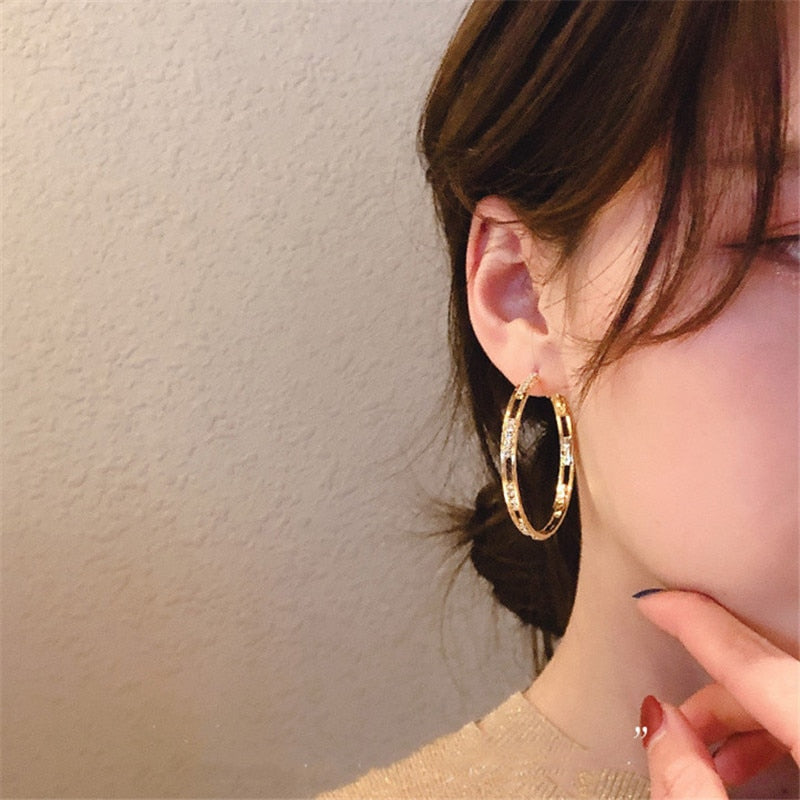 Golden Round Crystal Hoop Earrings