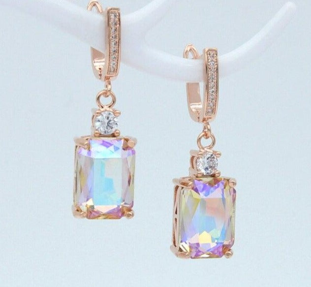 Square Crystal Rose Gold Dangle Earrings