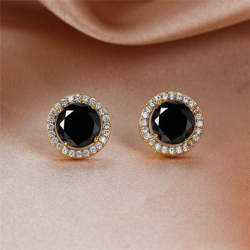 Round Black Stone Stud Earrings