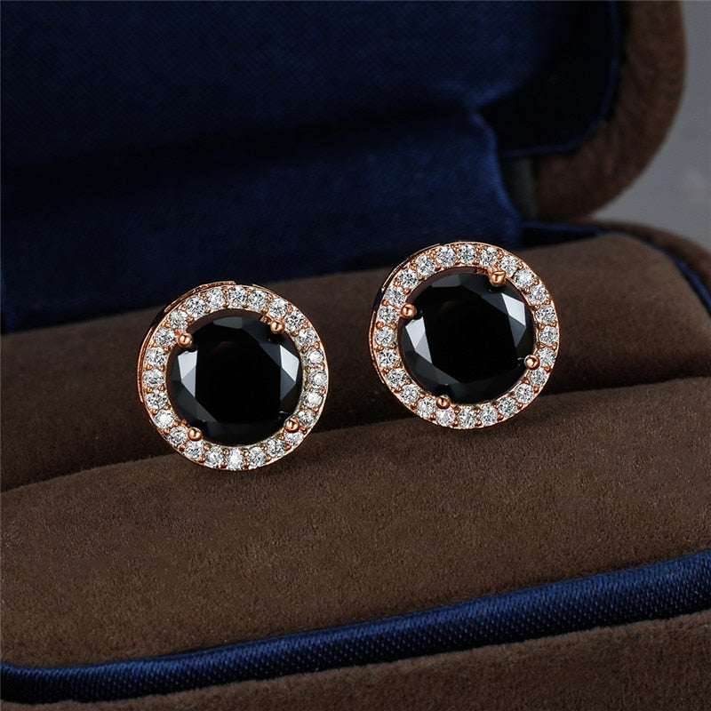 Round Black Stone Stud Earrings