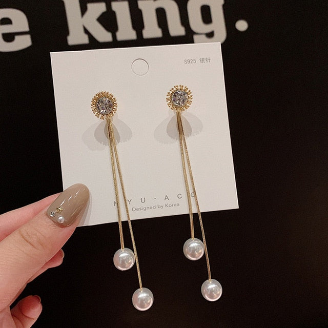 Crystal Pearl Tassel Earrings